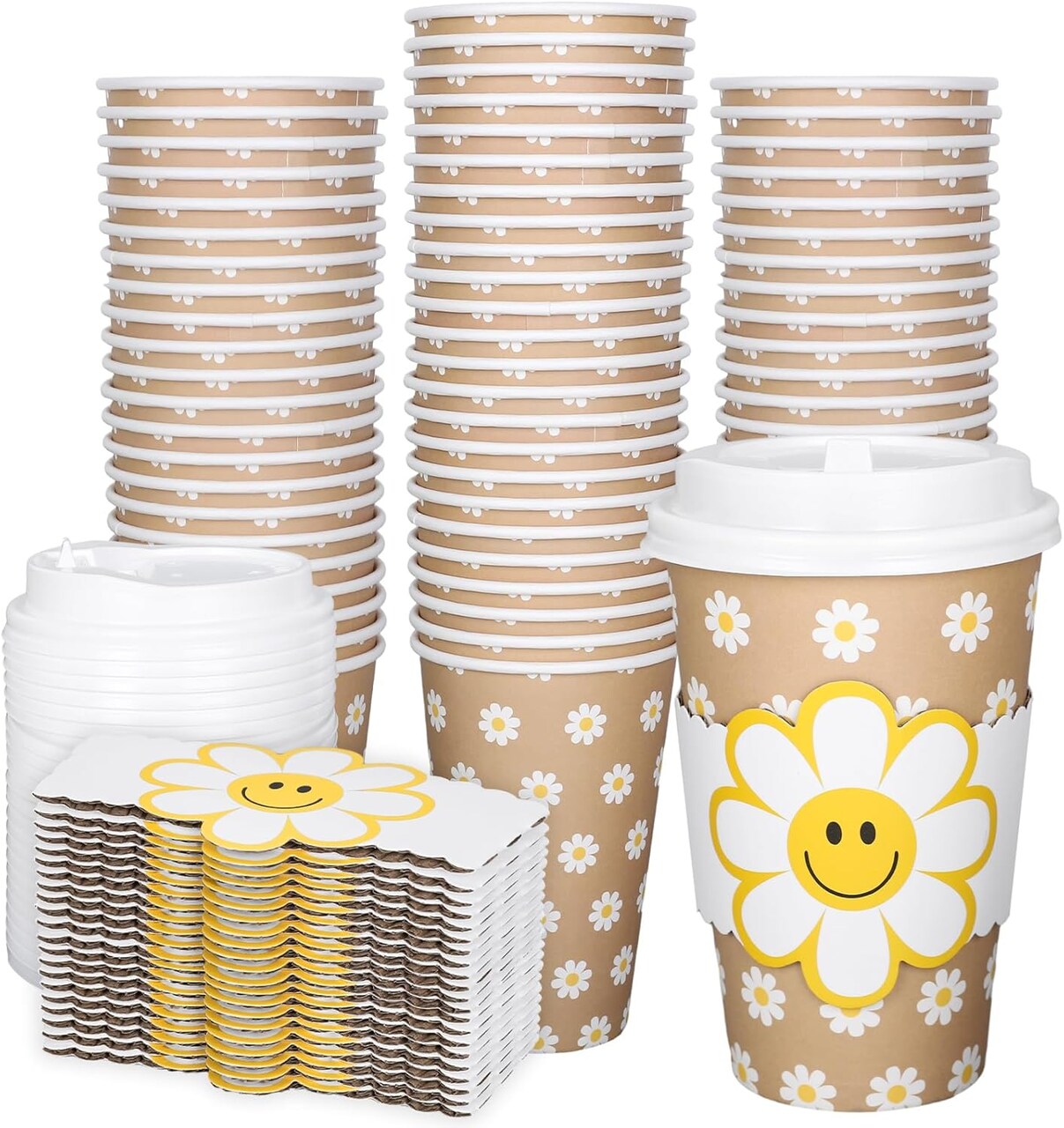 50Pcs Daisy Disposable Paper Cups with Lids and Sleeves 16Oz Smile Daisy Flower Coffee Cups for Spring Wedding Birthday Baby Shower Table Decor Supplies